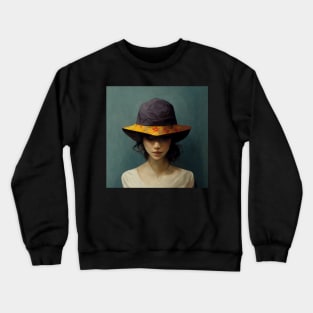 Peeking from beneath the brim, this shy  girl has a wonderful hat. Crewneck Sweatshirt